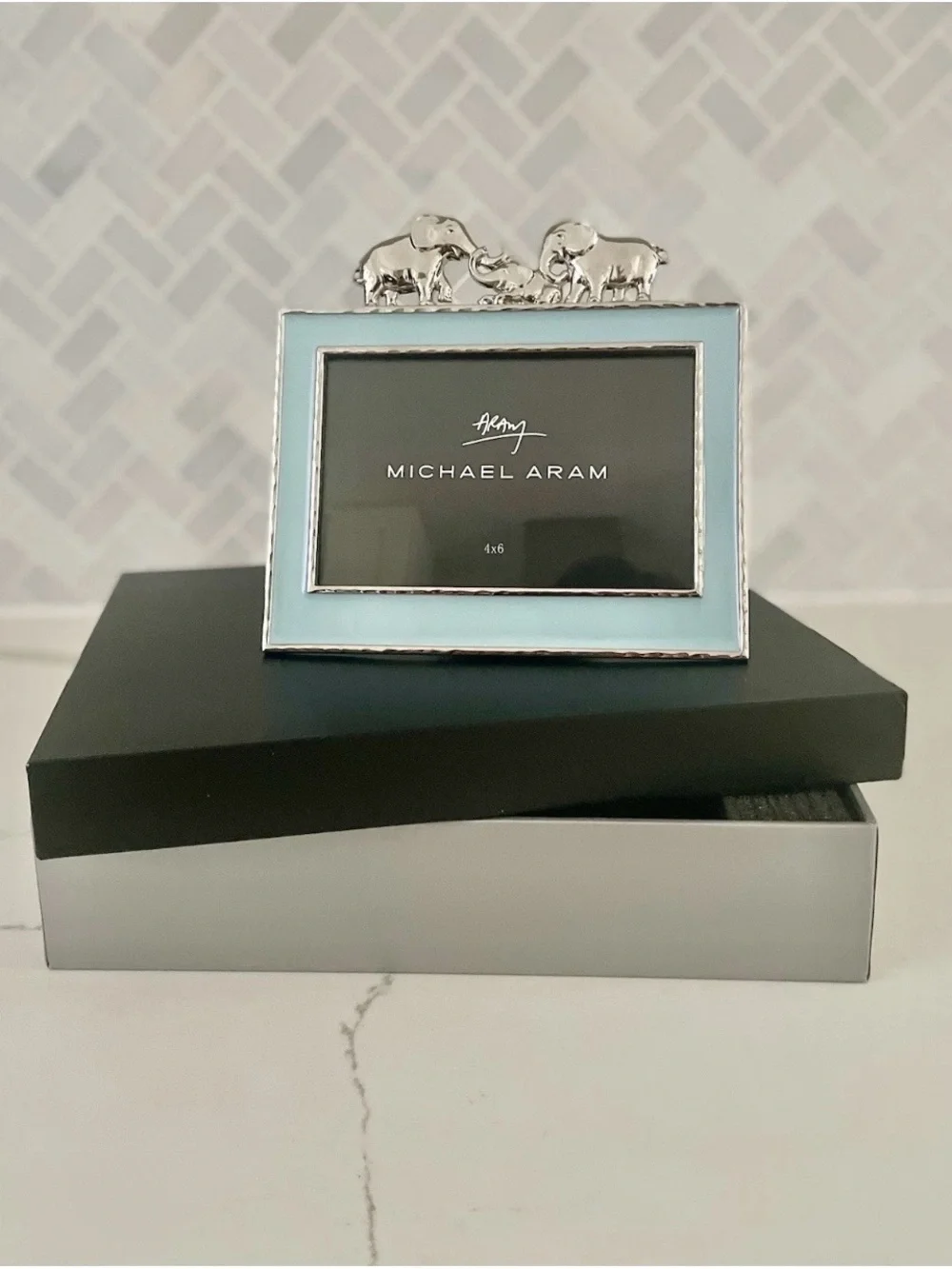 Michael Aram Elephant Frame 4x6 Blue Enamel Silver Color Metal NEW